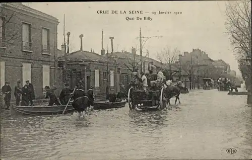 Postkarte Paris IV, Quai de Billy, Die große Seine-Flut vom 29. Januar 1910