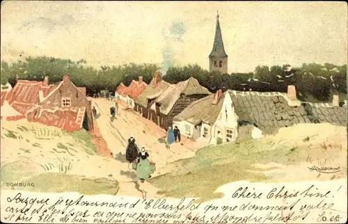 Künstler Litho Cassiers, Domburg Veere Zeeland Niederlande, Häuser, Kirchturm