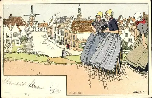 Künstler Litho Cassiers, H., Vlissingen Zeeland Niederlande, Frauen in Trachten, Windmühle