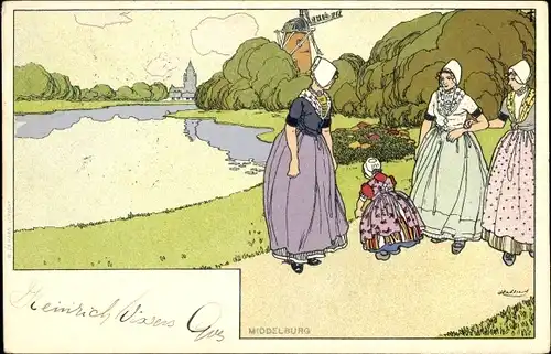 Künstler Litho Cassiers, H., Middelburg Zeeland Niederlande, Frauen in Trachten, Windmühle