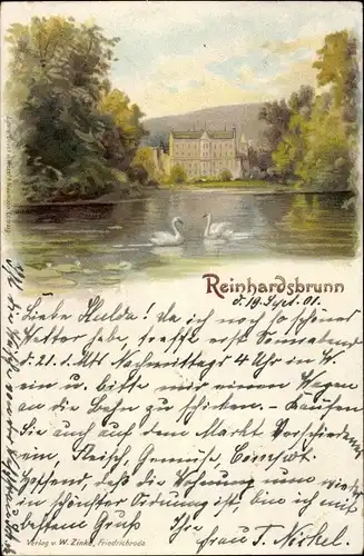 Litho Reinhardsbrunn Friedrichroda im Thüringer Wald, Schloss, Schwäne