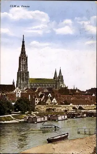 Ak Ulm an der Donau, Teilansicht, Münster, Boot