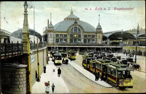 Ak Halle an der Saale, Hauptbahnhof, Straßenbahnen