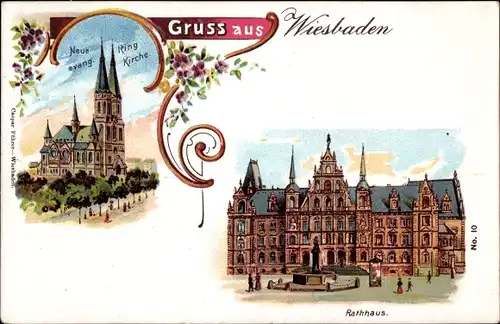 Litho Wiesbaden in Hessen, Rathaus, Ringkirche