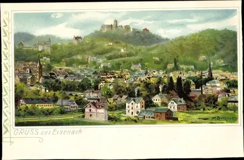 Künstler Litho Dutzauer, M., Lutherstadt Eisenach in Thüringen, Gesamtansicht, Wartburg