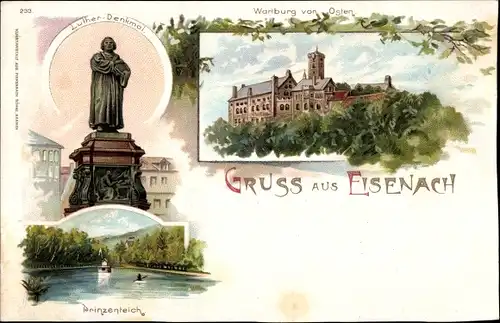 Litho Eisenach in Thüringen, Wartburg, Prinzenteich, Lutherdenkmal