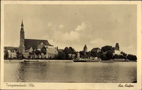 Ak Tangermünde an der Elbe, Hafen, Kirche, Schiff