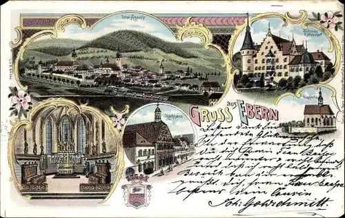 Litho Ebern in Unterfranken, Kirche, Innenansicht, Rathaus, Schloss