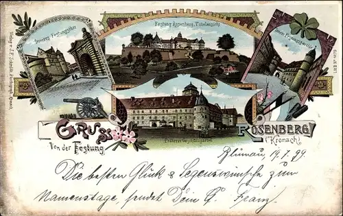 Litho Kronach im Frankenwald Bayern, Festung Rosenberg, Geschützgarten, Tor, Geschütz