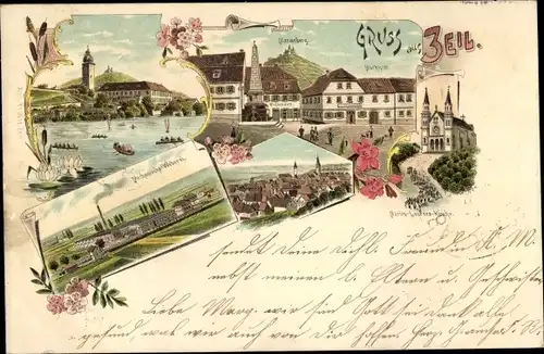 Litho Zeil am Main Unterfranken, Mechanische Weberei, Marienberg, Kirche