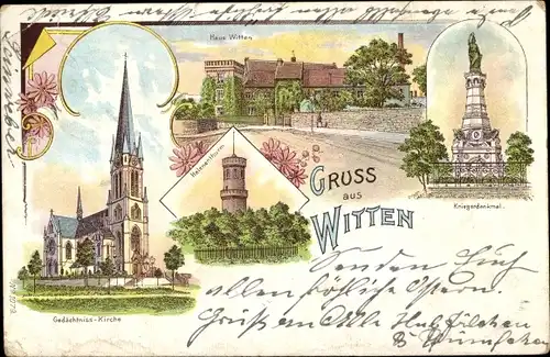 Litho Witten an der Ruhr, Kriegerdenkmal, Haus Witten, Gedächtnis-Kirche, Helenenturm
