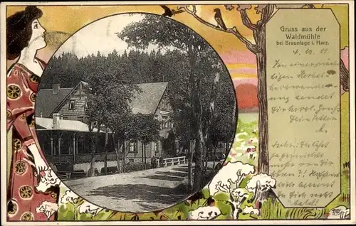 Jugendstil Passepartout Ak Braunlage im Oberharz, Gasthaus Waldmühle