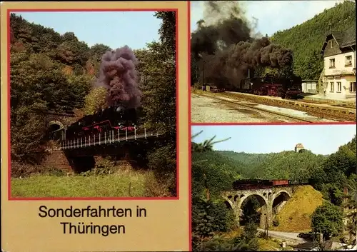 Ak Deutsche Eisenbahn, Museumslokomotive 50 849 mit Sonderzug, Brücke, Bahnhöfe Thüringen