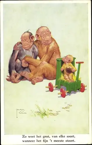 Künstler Ak Wood, Lawson, Vermenschlichte Affen, Kind im Handkarren