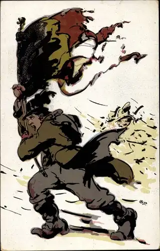 Künstler Ak Mann mit zerrissener belgischer Flagge, zugunsten belgischer Kriegsgefangener