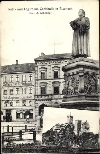 Ak Lutherstadt Eisenach in Thüringen, Gasthaus Carlshalle, Lutherdenkmal, Wartburg, Sattlerei