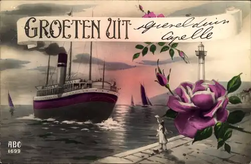 Ak Grüße aus, Dampfer bei der Abfahrt, Leuchtturm, Rose