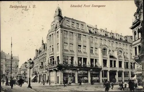 Ak Liberec Reichenberg in Böhmen, Schienhof Front Eisengasse, Straßenbahn