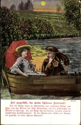 Mondschein Ak Liebespaar im Ruderboot, Regenschirm, Sei gegrüßt, du mein schönes Sorrent