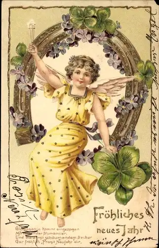 Präge Litho Glückwunsch Neujahr, Engel, Hufeisen, Glücksklee, Veilchen, Sektglas