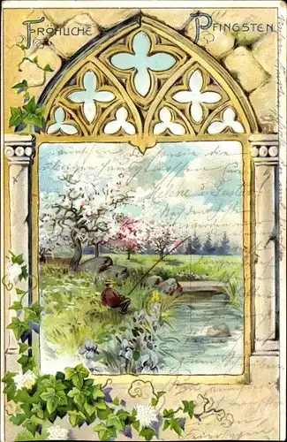 Präge Passepartout Litho Glückwunsch Pfingsten, Mann beim Angeln, Efeu, Blühender Baum