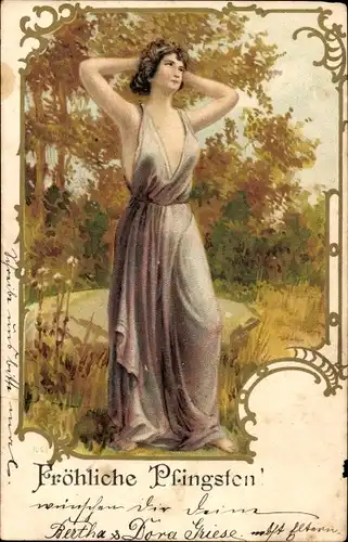 Litho Glückwunsch Pfingsten, Junge Frau in Kleid, Portrait, Herbstmotiv