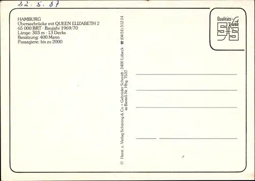 Ak Passagierschiff Queen Elizabeth 2, Cunard Line, Überseebrücke Hamburg
