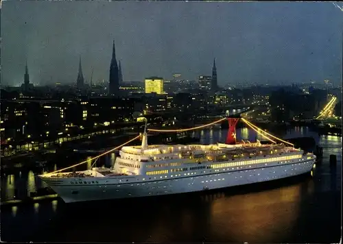 Ak Passagierschiff TS Hamburg im Hamburger Hafen, Nachtbeleuchtung