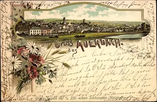 Vorlaufer Litho Auerbach im Vogtland, Totalansicht, Blumenstrauß