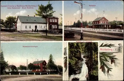 Ak Muldenberg Grünbach im Vogtland, Gasthof Muldenberg, Bahnhof, Beamtenwohnungen, Bach