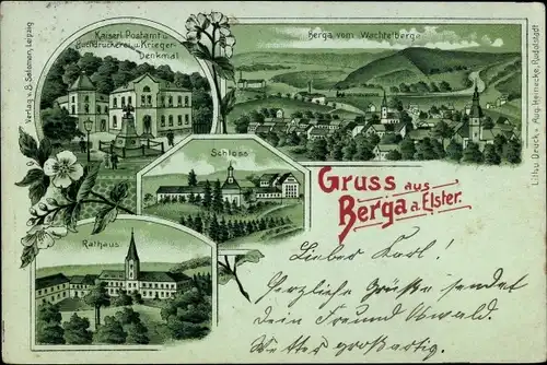 Litho Berga an der Elster Thüringen, Schloss, Rathaus, Kaiserliches Postamt, Kriegerdenkmal