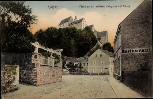 Ak Colditz in Sachsen, Hintere Haingasse, Schloss, Restaurant