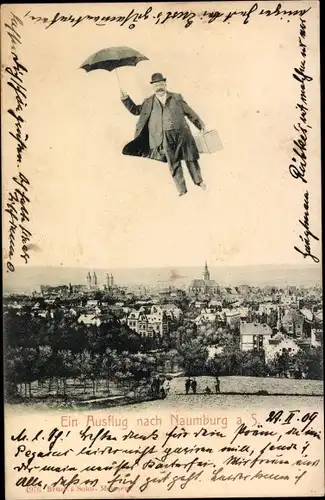 Ak Naumburg an der Saale, Fliegender Mann am Regenschirm