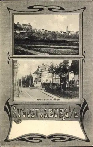 Passepartout Ak Augustusburg im Erzgebirge, Totalansicht, Konditorei und Cafe Seeliger