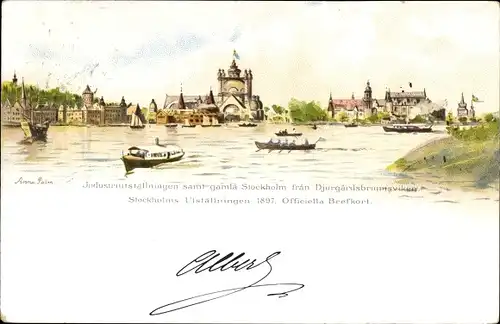 Künstler Ak Stockholm Schweden, Industrieausstellung 1897, Boote, Stadtansicht