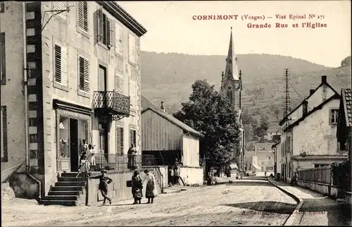 Ak Cornimont-Vosges, Grande Rue und die Kirche