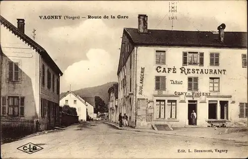 Ak Vagney Vosges, Route de la Gare, Café Restaurant Cuny-Vincent