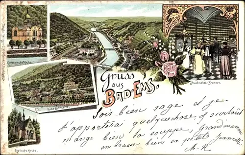 Litho Bad Ems an der Lahn, Gesamtansicht, Englische Kirche, Griechische Kirche