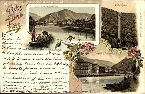 Litho Bad Ems an der Lahn, Malbergbahn, Kursaal, Kurbrücke, Ems von der Kaiserbrücke