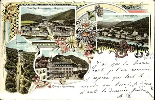 Litho Bad Ems an der Lahn, Schweizerhaus, Kurhaus, Malbergbahn