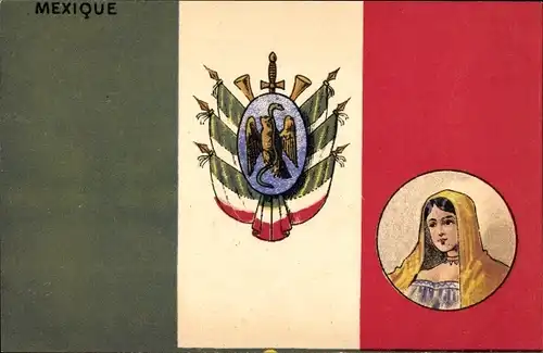 Wappen Ak Mexiko, Landesfarben, Fahnen, Mexikanerin