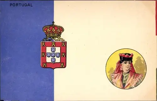 Wappen Ak Portugal, Frau in Tracht, Landesfarben