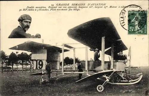 Ak Grande Semaine d'Aviation, Doppeldecker, Breguet in seinem Flugzeug