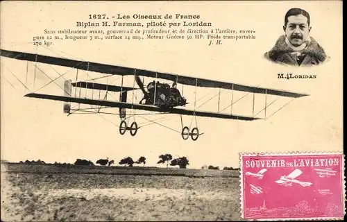 Ak Les Oiseaux de France, Doppeldecker H. Farman, gesteuert von Loridan, Flugpionier