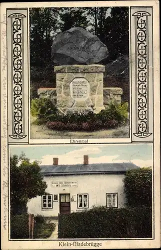 Ak Klein Gladebrügge Schleswig Holstein, Ehrenmal, Kolonialwarenhandlung