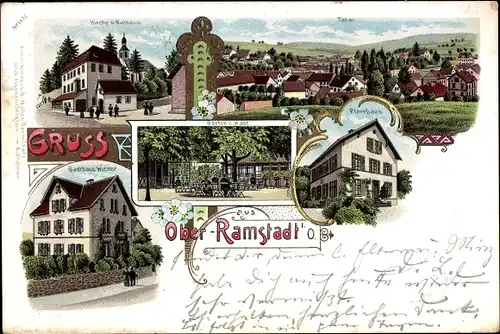 Litho Ober Ramstadt im Odenwald Hessen, Pfarrhaus, Kirche, Gasthaus Wiener, Rathaus