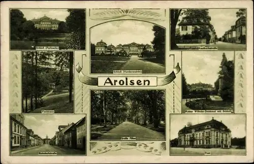 Ak Bad Arolsen in Hessen, Schloss, Post, Kaiser Wilhelm Denkmal, Kaulbachstraße