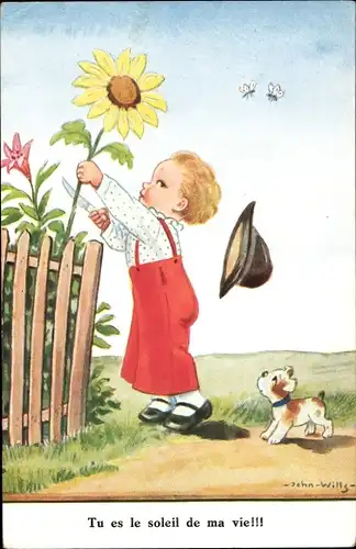 Künstler Ak Wills, John, Junge schneidet Sonnenblume, Hund
