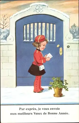 Künstler Ak Wills, John, Fröhliches Neujahr, Postbote am Gartentor, Kleeblätter