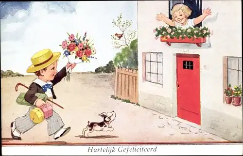 Künstler Ak Wills, John, Herzlichen Glückwunsch, Junge mit Blumen und Geschenken, Mädchen am Fenster